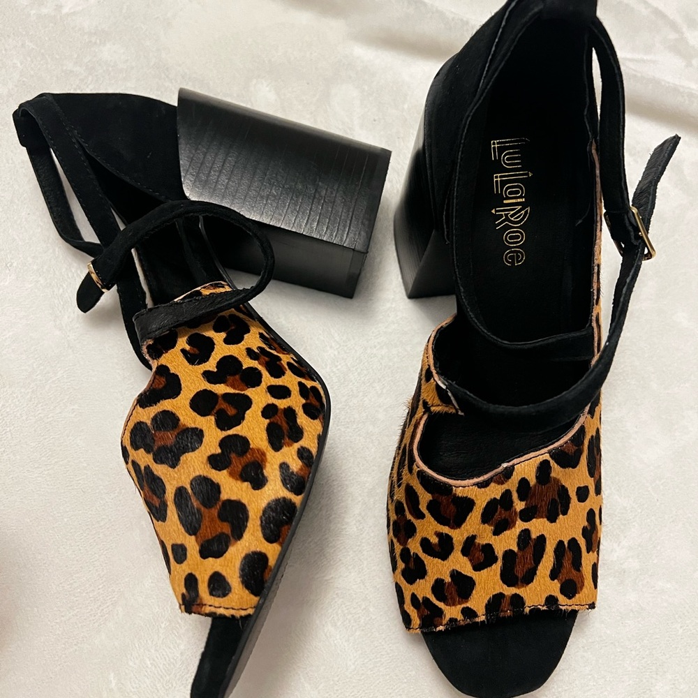 LuLaRoe Leopard Print Open-Toe Block Heel Sandals - Black and Brown